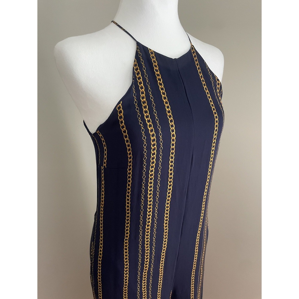 NICHOLAS US 2 Samira 100%‎ Silk Wide Leg Jumpsuit Navy Blue Gold Chain Old Money - Picture 2 of 16